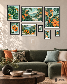Tropical Weekend Gallery gallery wall: 8 framed artworks in Black, arranged across 170 × 110 cm.