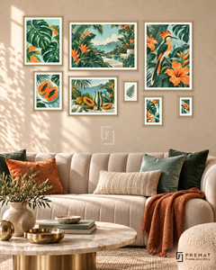 Tropical Weekend Gallery gallery wall: 8 framed artworks in Gold, arranged across 170 × 110 cm.