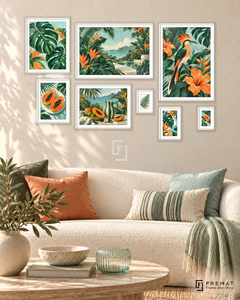 Tropical Weekend Gallery gallery wall: 8 framed artworks in White, arranged across 170 × 110 cm.