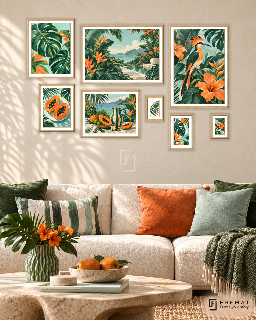 Tropical Weekend Gallery gallery wall: 8 framed artworks in Wooden Texture, arranged across 170 × 110 cm.