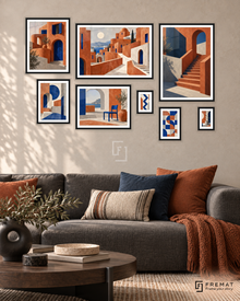 Urban Terracotta Gallery gallery wall: 8 framed artworks in Black, arranged across 170 × 110 cm.