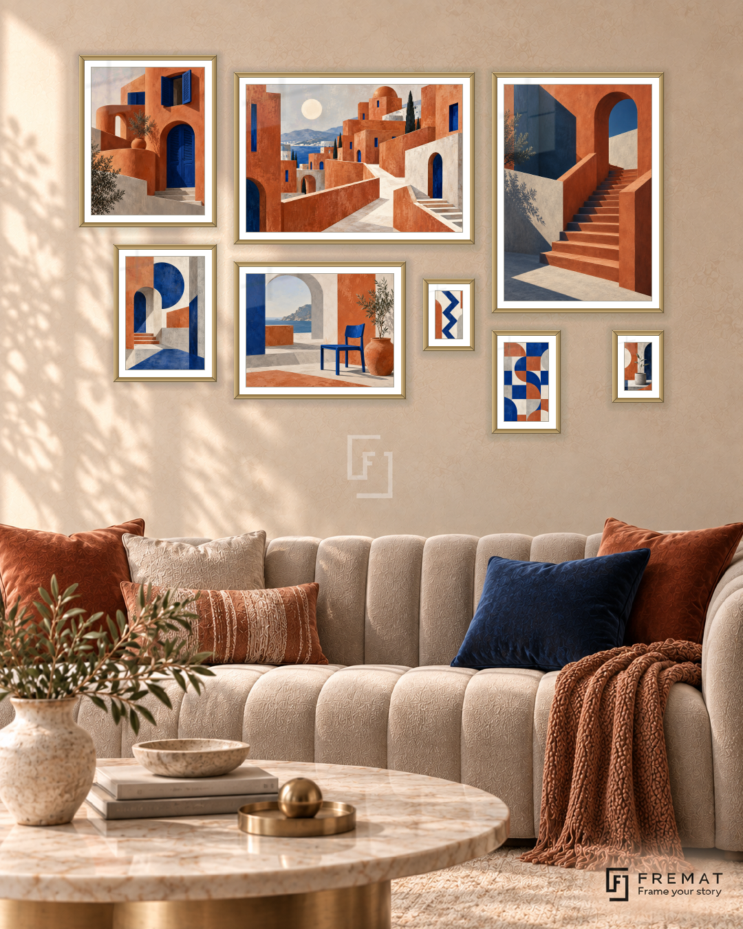 Urban Terracotta Gallery gallery wall: 8 framed artworks in Gold, arranged across 170 × 110 cm.