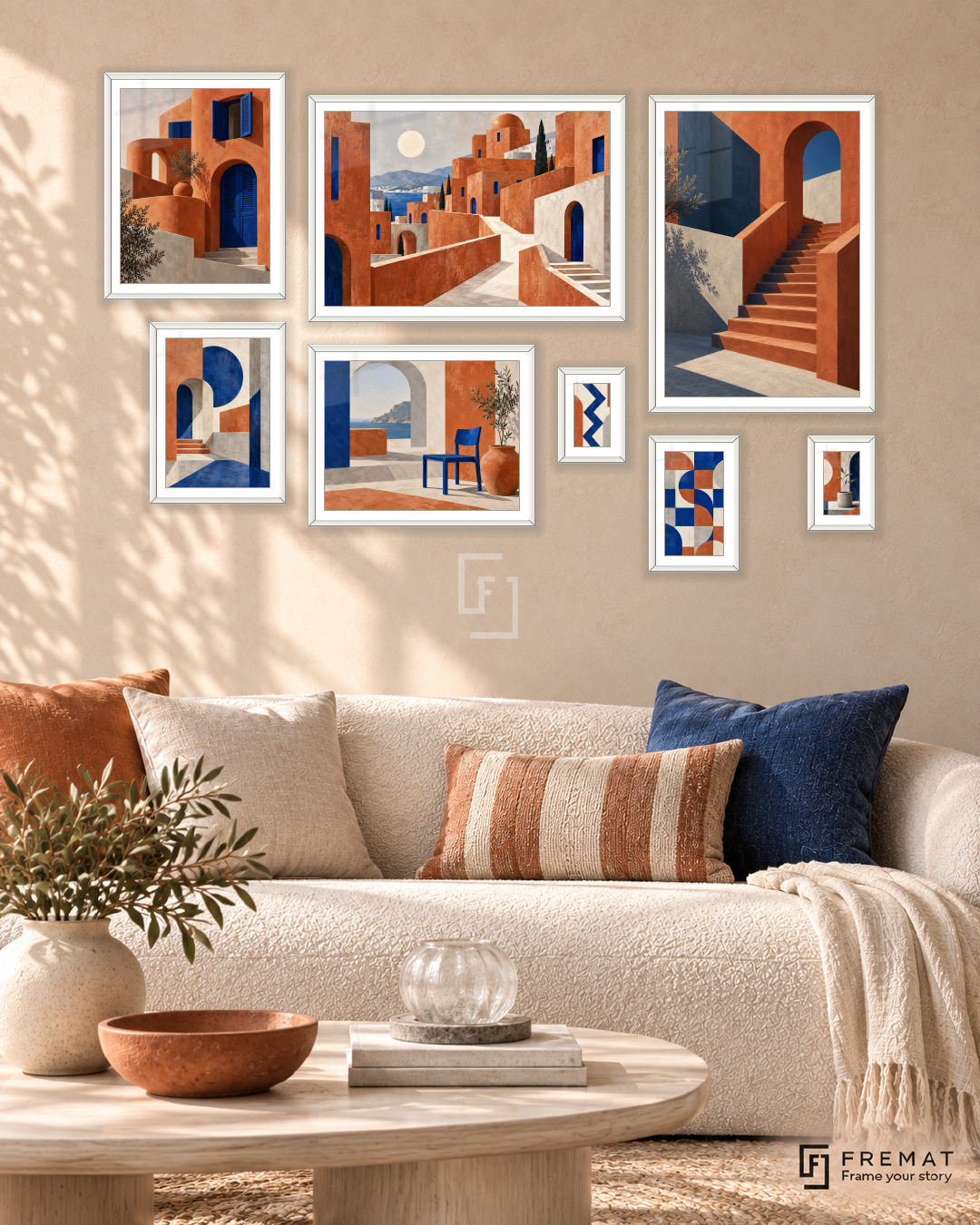 Urban Terracotta Gallery gallery wall: 8 framed artworks in White, arranged across 170 × 110 cm.