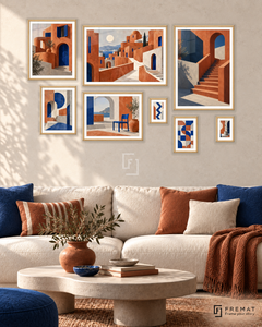 Urban Terracotta Gallery gallery wall: 8 framed artworks in Wooden Texture, arranged across 170 × 110 cm.