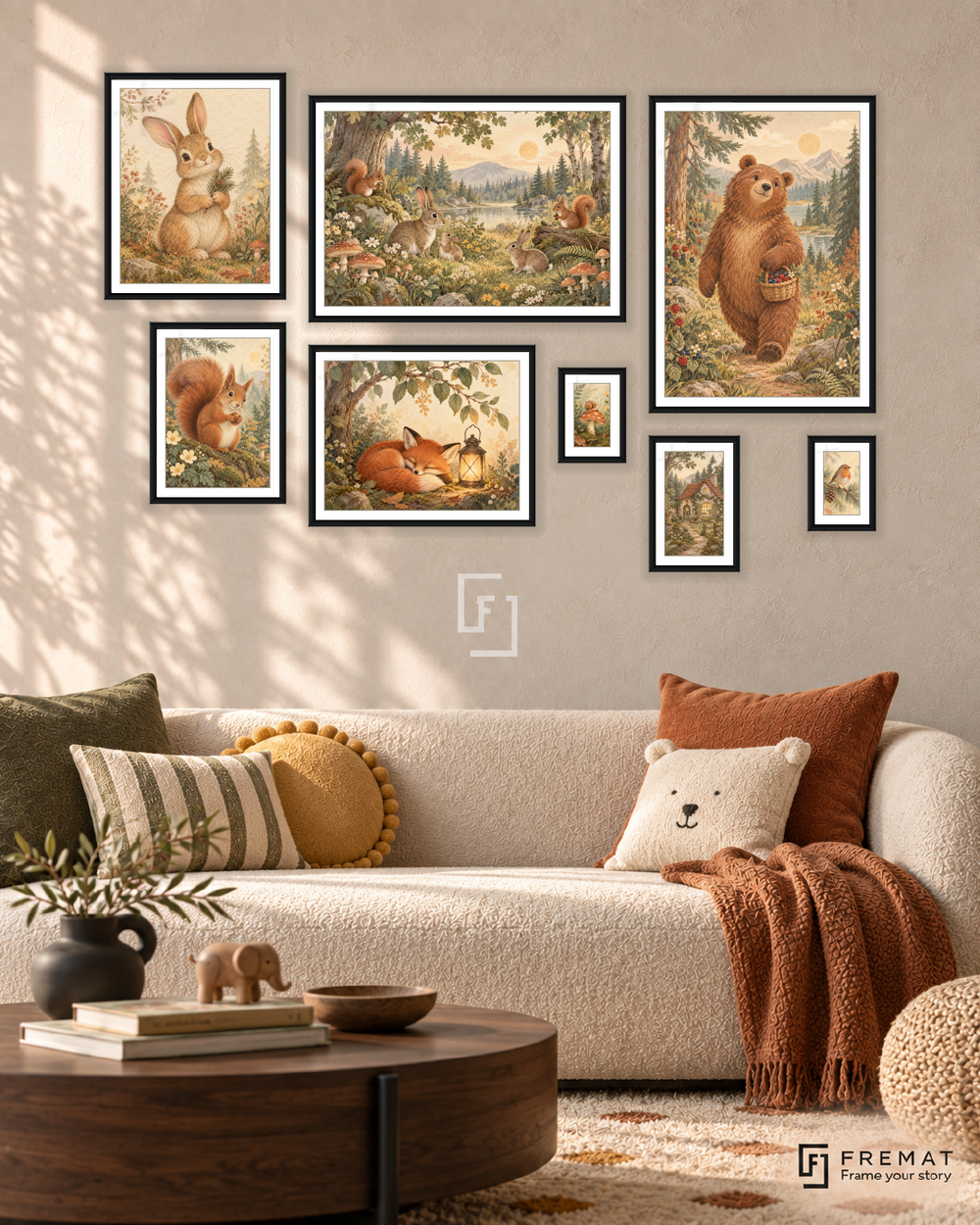 Woodland Postcards Gallery gallery wall: 8 framed artworks in Black, arranged across 170 × 110 cm.