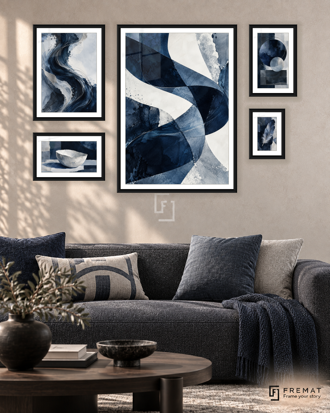 Blue Hour Signature gallery wall: 5 framed artworks in Black, arranged across 110 × 70 cm.