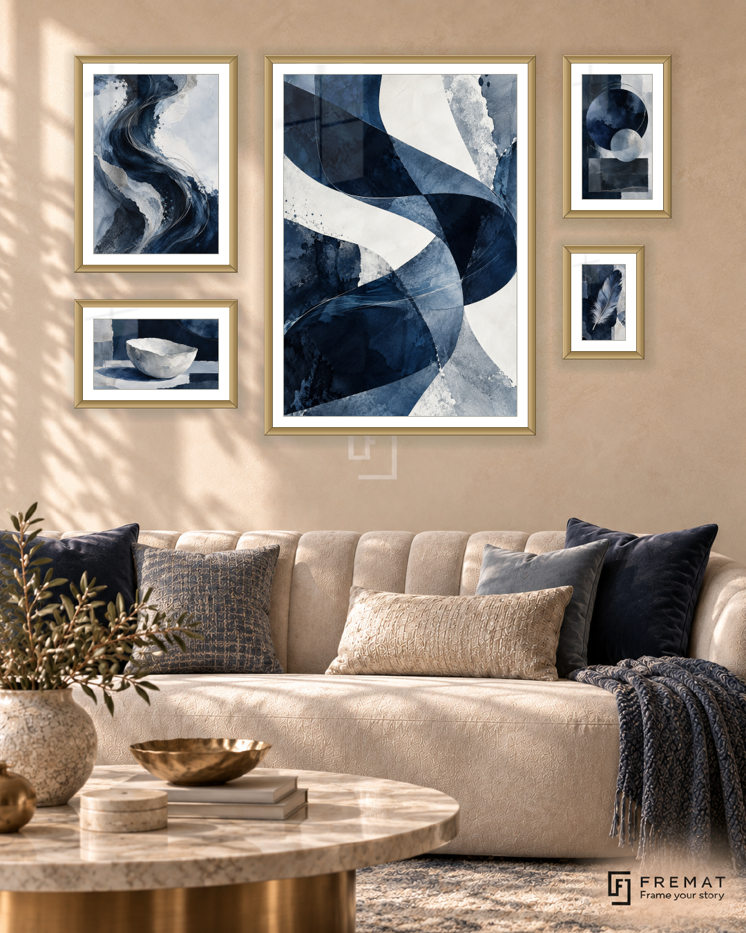Blue Hour Signature gallery wall: 5 framed artworks in Gold, arranged across 110 × 70 cm.