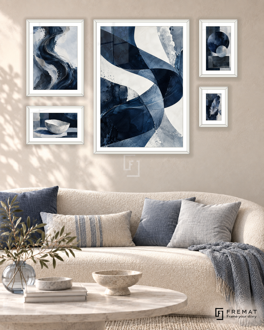 Blue Hour Signature gallery wall: 5 framed artworks in White, arranged across 110 × 70 cm.