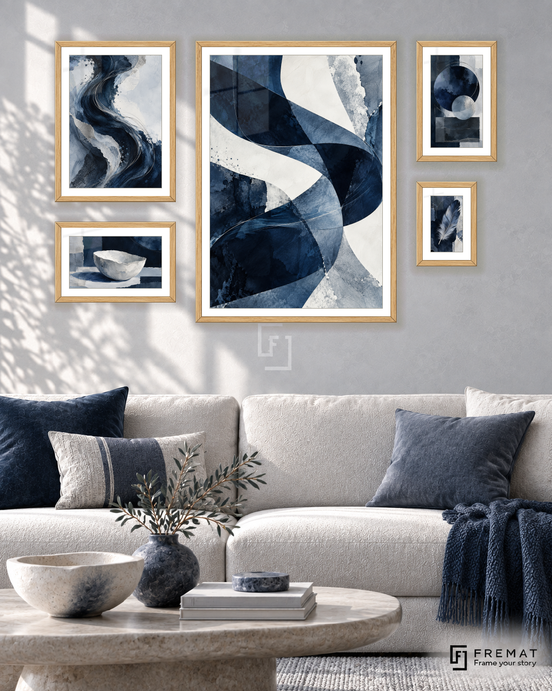 Blue Hour Signature gallery wall: 5 framed artworks in Wooden Texture, arranged across 110 × 70 cm.