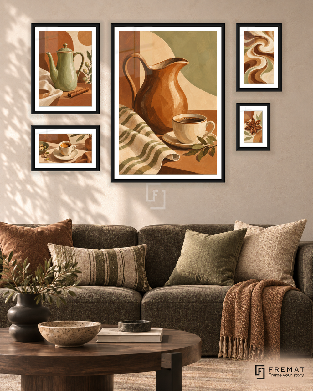 Cinnamon Sunday Signature gallery wall: 5 framed artworks in Black, arranged across 110 × 70 cm.