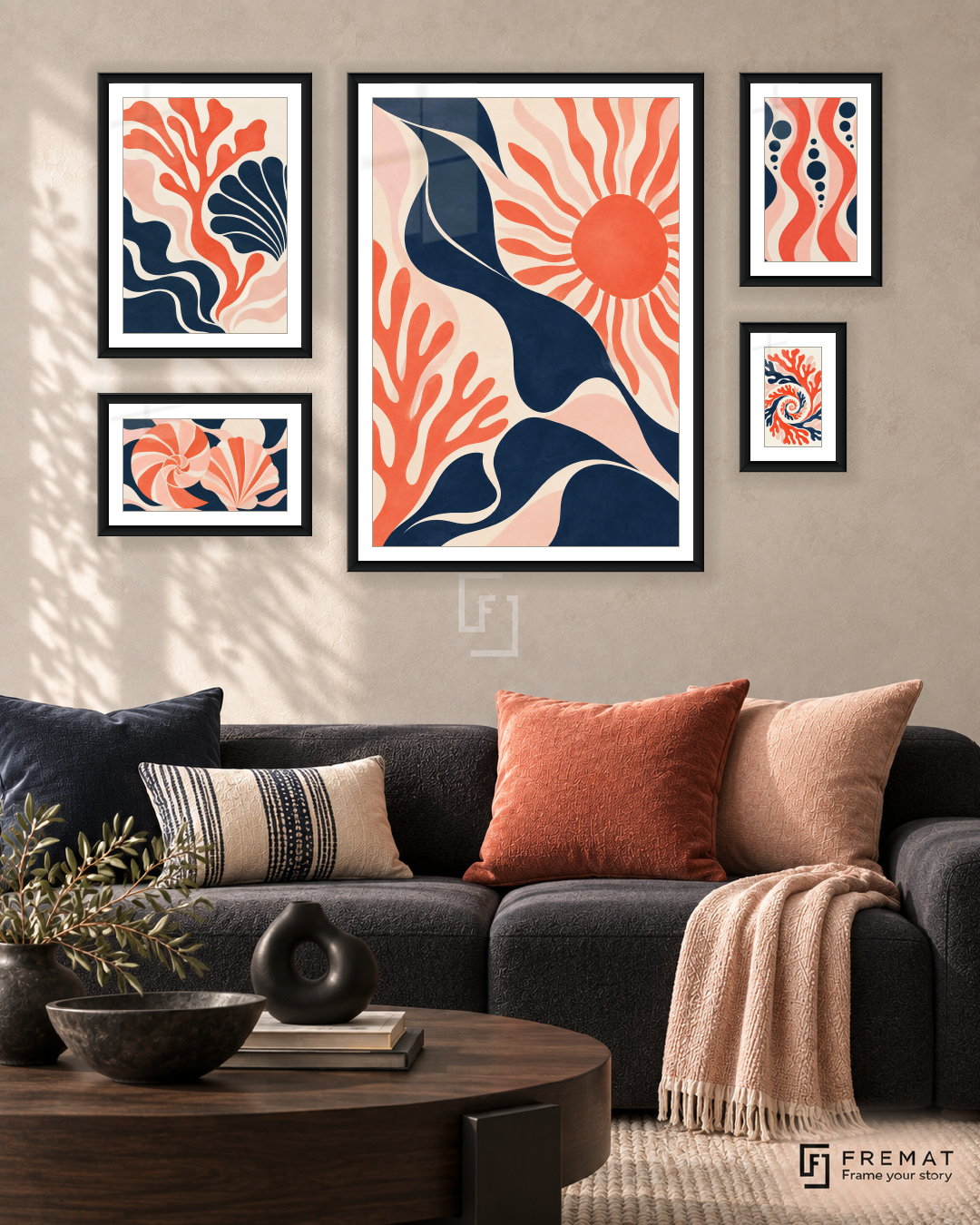 Coral Currents Signature gallery wall: 5 framed artworks in Black, arranged across 110 × 70 cm.