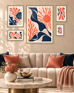 Coral Currents Signature gallery wall: 5 framed artworks in Gold, arranged across 110 × 70 cm.