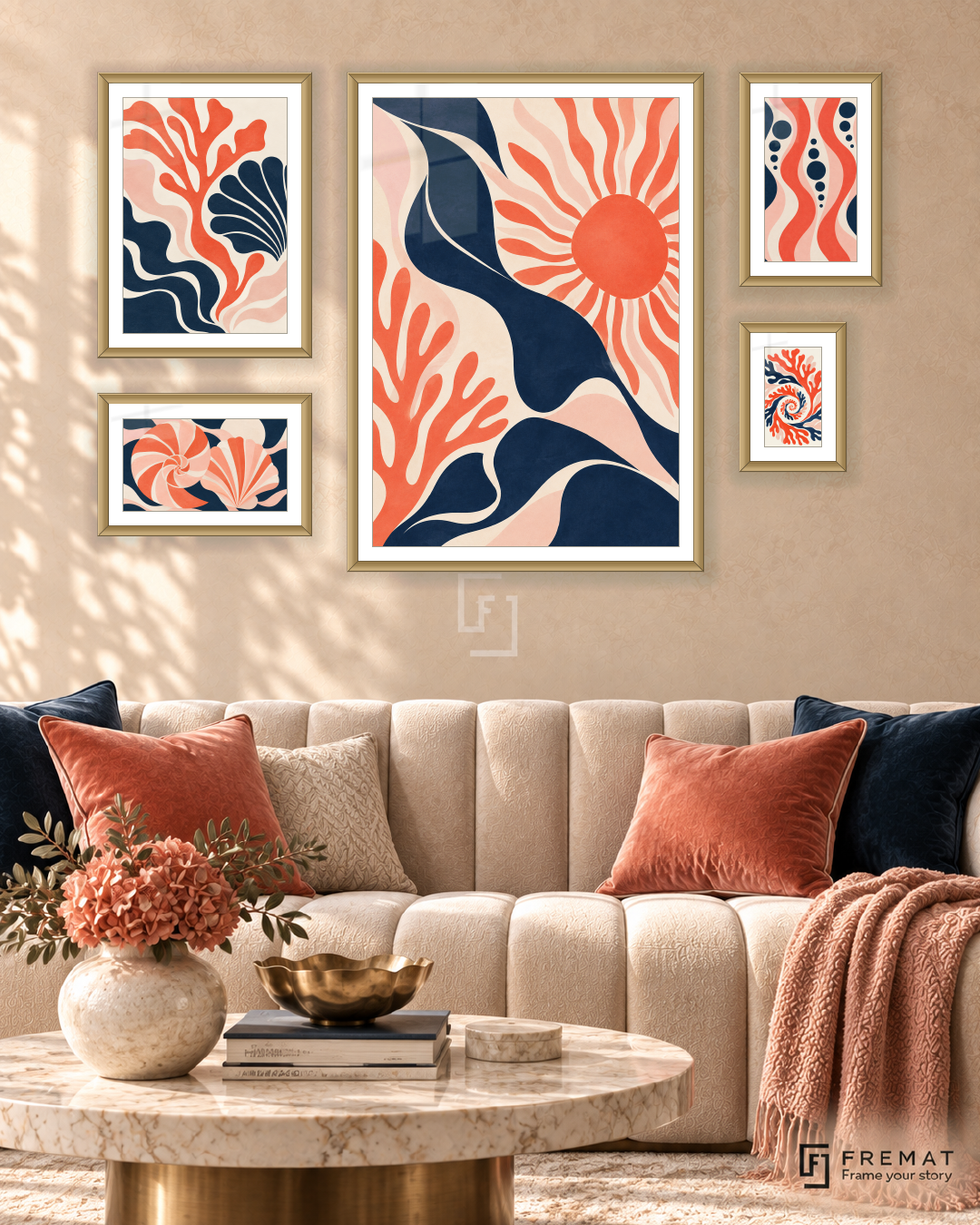 Coral Currents Signature gallery wall: 5 framed artworks in Gold, arranged across 110 × 70 cm.