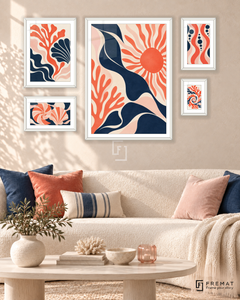 Coral Currents Signature gallery wall: 5 framed artworks in White, arranged across 110 × 70 cm.