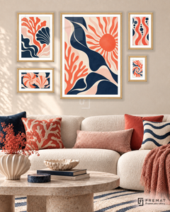 Coral Currents Signature gallery wall: 5 framed artworks in Wooden Texture, arranged across 110 × 70 cm.