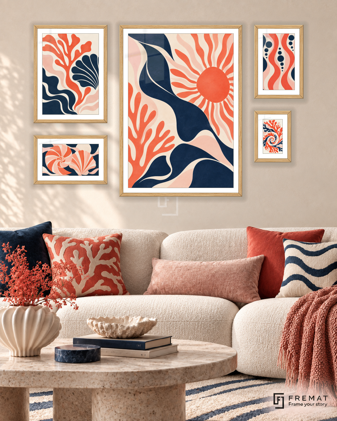 Coral Currents Signature gallery wall: 5 framed artworks in Wooden Texture, arranged across 110 × 70 cm.