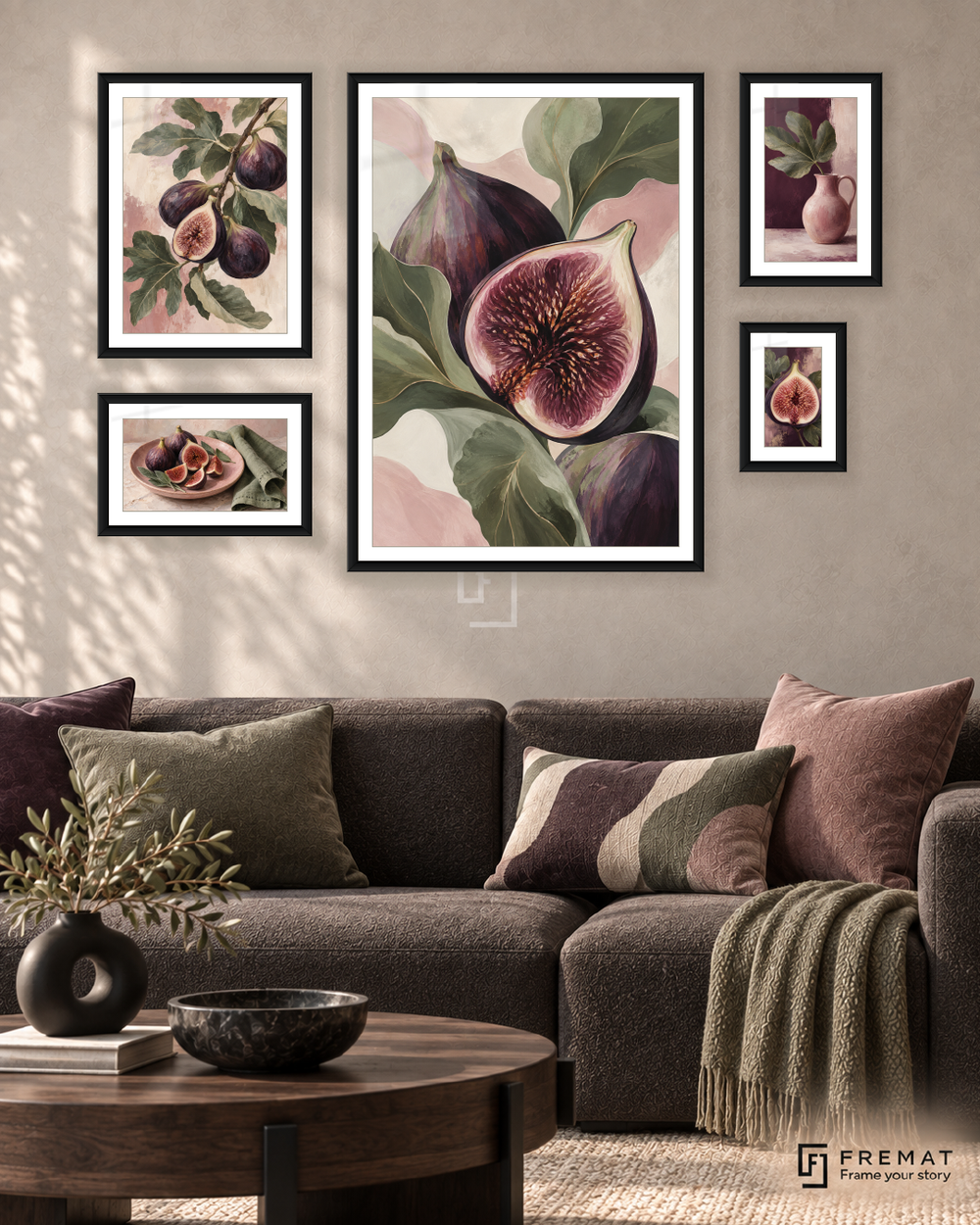 Fig And Sage Signature gallery wall: 5 framed artworks in Black, arranged across 110 × 70 cm.
