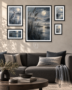 Moonlit Reeds Signature gallery wall: 5 framed artworks in Black, arranged across 110 × 70 cm.