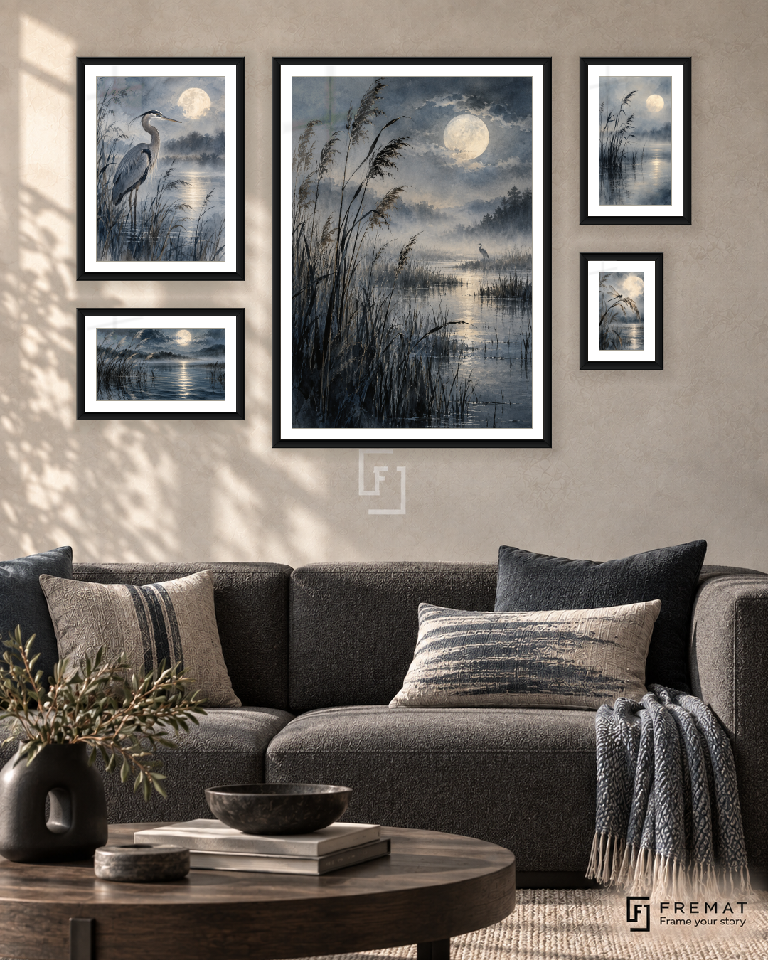 Moonlit Reeds Signature gallery wall: 5 framed artworks in Black, arranged across 110 × 70 cm.