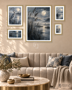 Moonlit Reeds Signature gallery wall: 5 framed artworks in Gold, arranged across 110 × 70 cm.