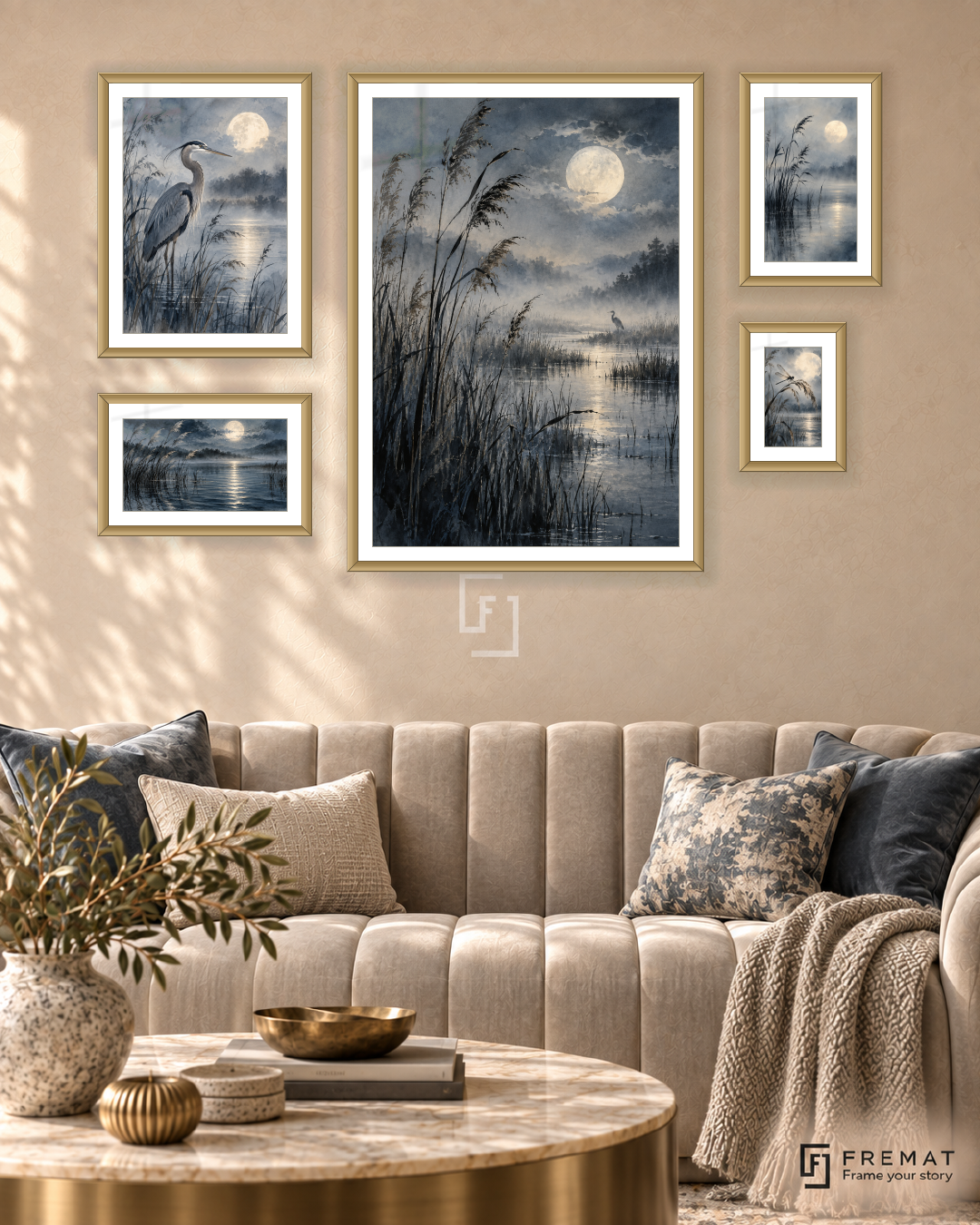 Moonlit Reeds Signature gallery wall: 5 framed artworks in Gold, arranged across 110 × 70 cm.