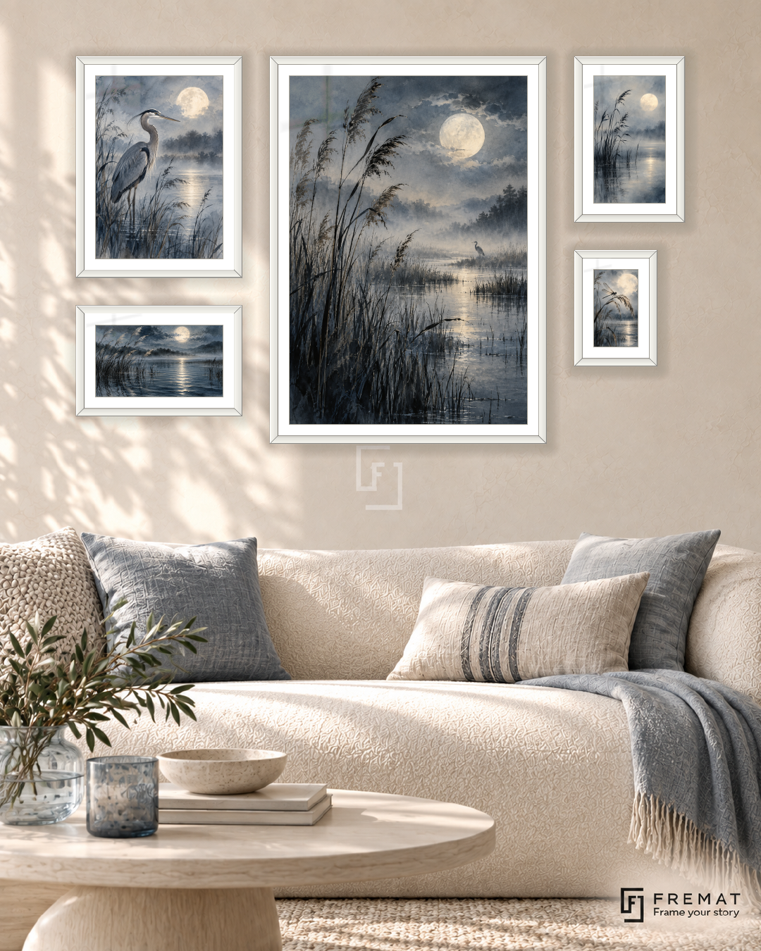 Moonlit Reeds Signature gallery wall: 5 framed artworks in White, arranged across 110 × 70 cm.