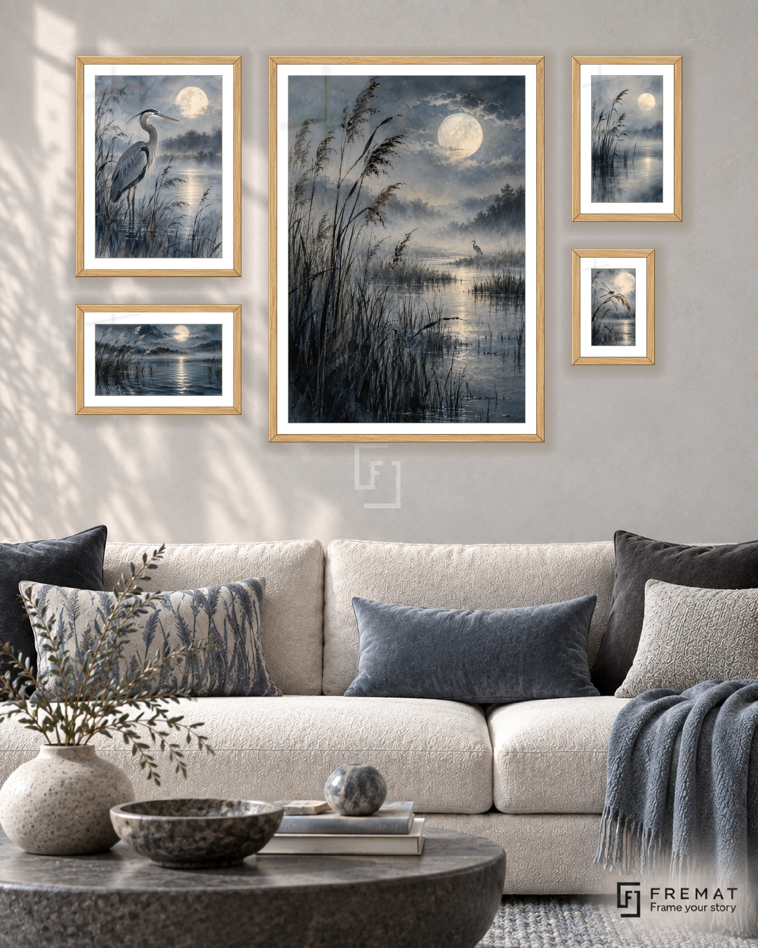 Moonlit Reeds Signature gallery wall: 5 framed artworks in Wooden Texture, arranged across 110 × 70 cm.