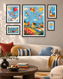 Paper Kites Signature gallery wall: 5 framed artworks in Black, arranged across 110 × 70 cm.