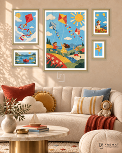 Paper Kites Signature gallery wall: 5 framed artworks in Gold, arranged across 110 × 70 cm.