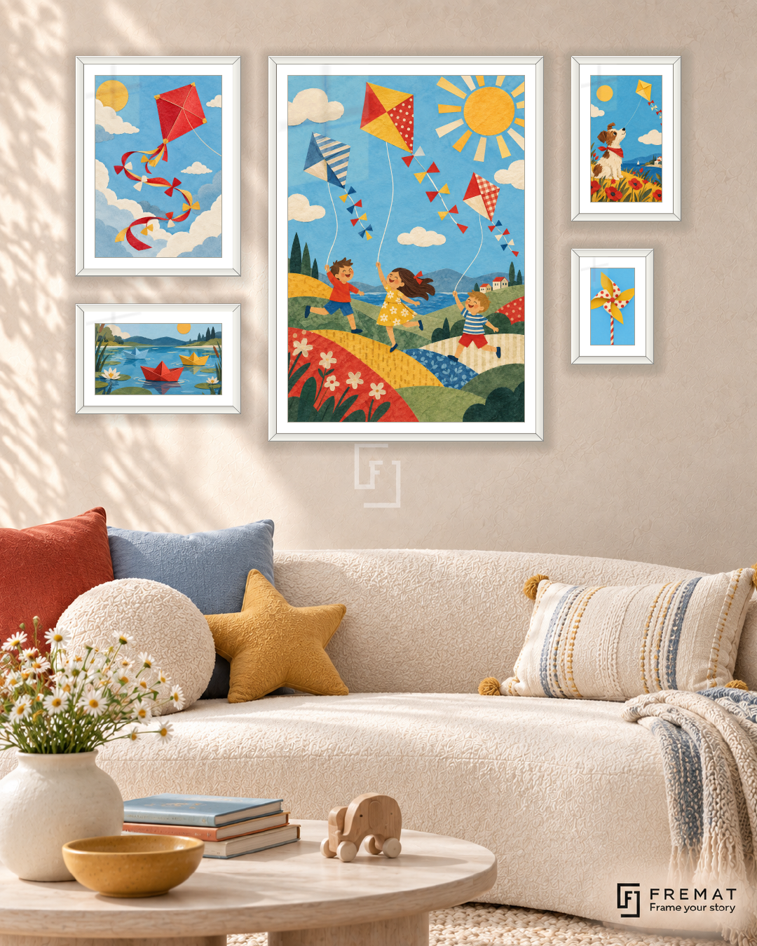 Paper Kites Signature gallery wall: 5 framed artworks in White, arranged across 110 × 70 cm.