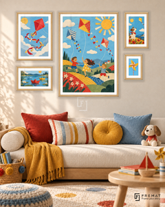 Paper Kites Signature gallery wall: 5 framed artworks in Wooden Texture, arranged across 110 × 70 cm.