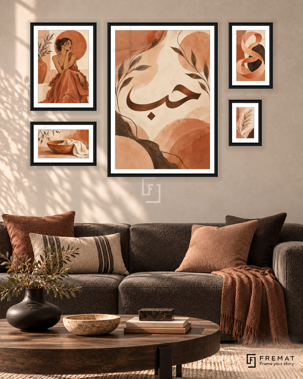 Terracotta Muse Signature gallery wall: 5 framed artworks in Black, arranged across 110 × 70 cm.