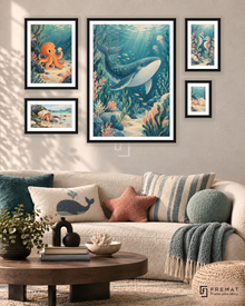 Tiny Tides Signature gallery wall: 5 framed artworks in Black, arranged across 110 × 70 cm.