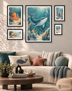 Tiny Tides Signature gallery wall: 5 framed artworks in Black, arranged across 110 × 70 cm.