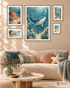 Tiny Tides Signature gallery wall: 5 framed artworks in Gold, arranged across 110 × 70 cm.