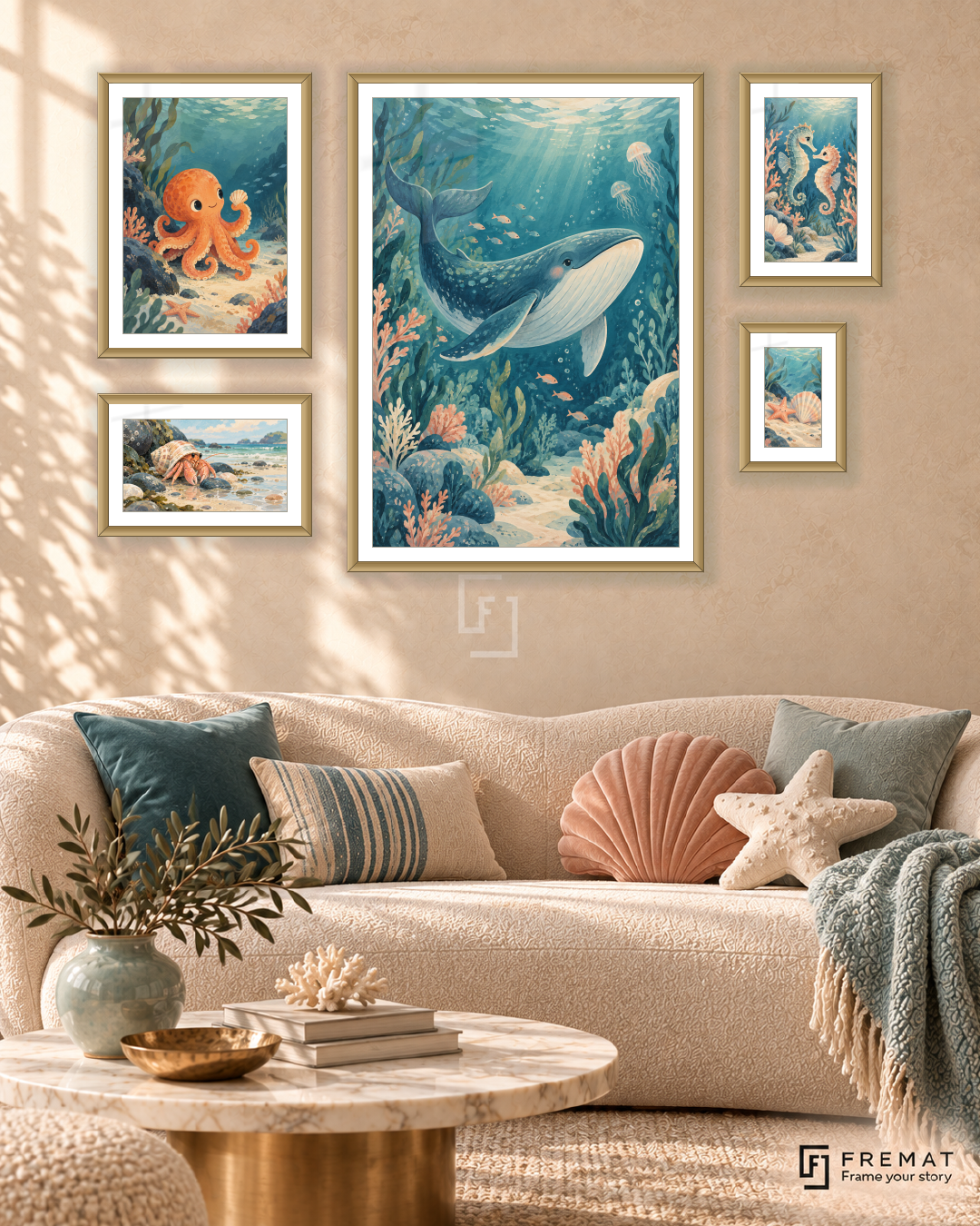 Tiny Tides Signature gallery wall: 5 framed artworks in Gold, arranged across 110 × 70 cm.
