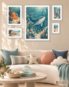Tiny Tides Signature gallery wall: 5 framed artworks in White, arranged across 110 × 70 cm.