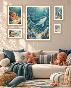 Tiny Tides Signature gallery wall: 5 framed artworks in Wooden Texture, arranged across 110 × 70 cm.