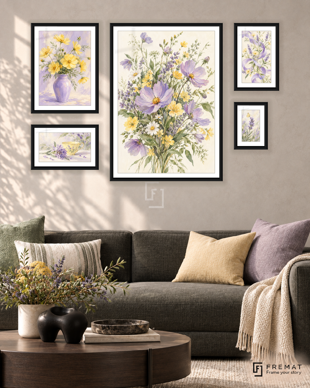 Wildflower Waltz Signature gallery wall: 5 framed artworks in Black, arranged across 110 × 70 cm.