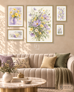 Wildflower Waltz Signature gallery wall: 5 framed artworks in Gold, arranged across 110 × 70 cm.