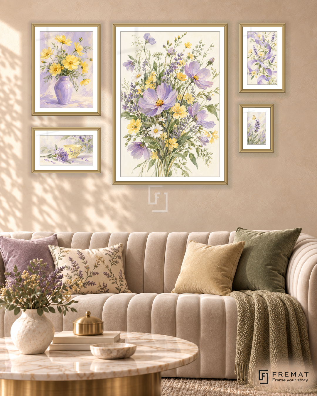 Wildflower Waltz Signature gallery wall: 5 framed artworks in Gold, arranged across 110 × 70 cm.