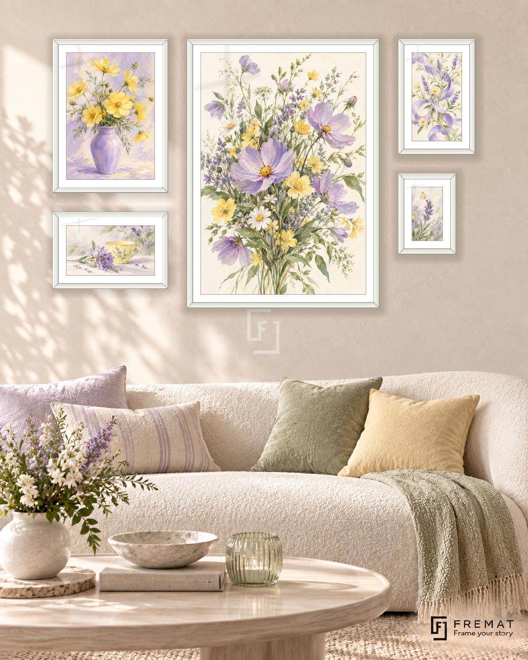 Wildflower Waltz Signature gallery wall: 5 framed artworks in White, arranged across 110 × 70 cm.
