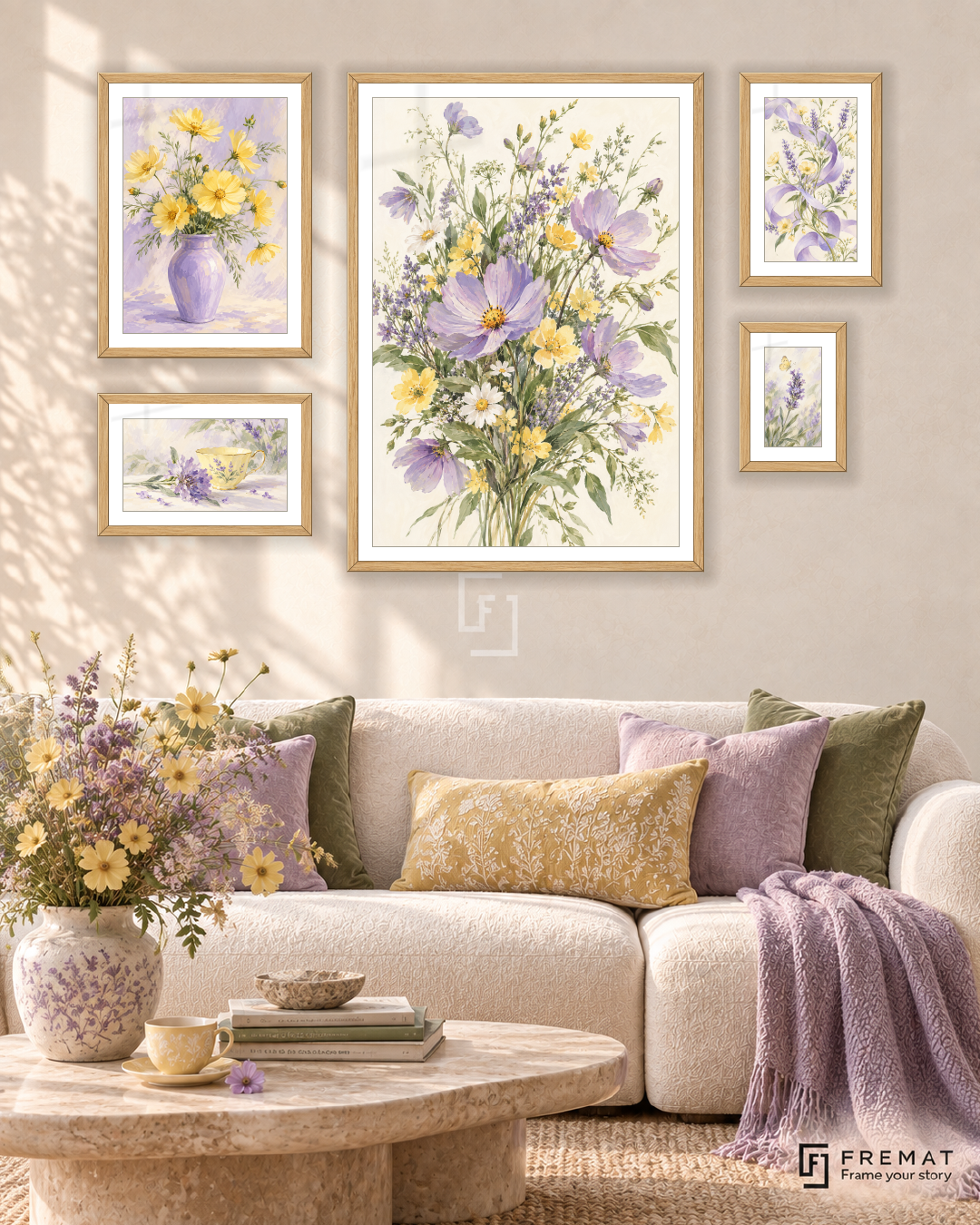 Wildflower Waltz Signature gallery wall: 5 framed artworks in Wooden Texture, arranged across 110 × 70 cm.