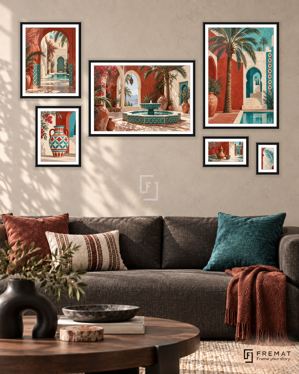 Courtyard Stories Statement gallery wall: 6 framed artworks in Black, arranged across 170 × 100 cm.