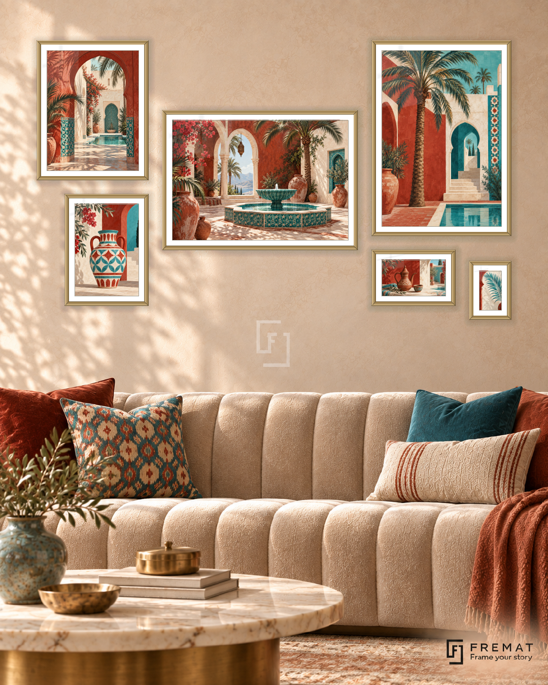 Courtyard Stories Statement gallery wall: 6 framed artworks in Gold, arranged across 170 × 100 cm.