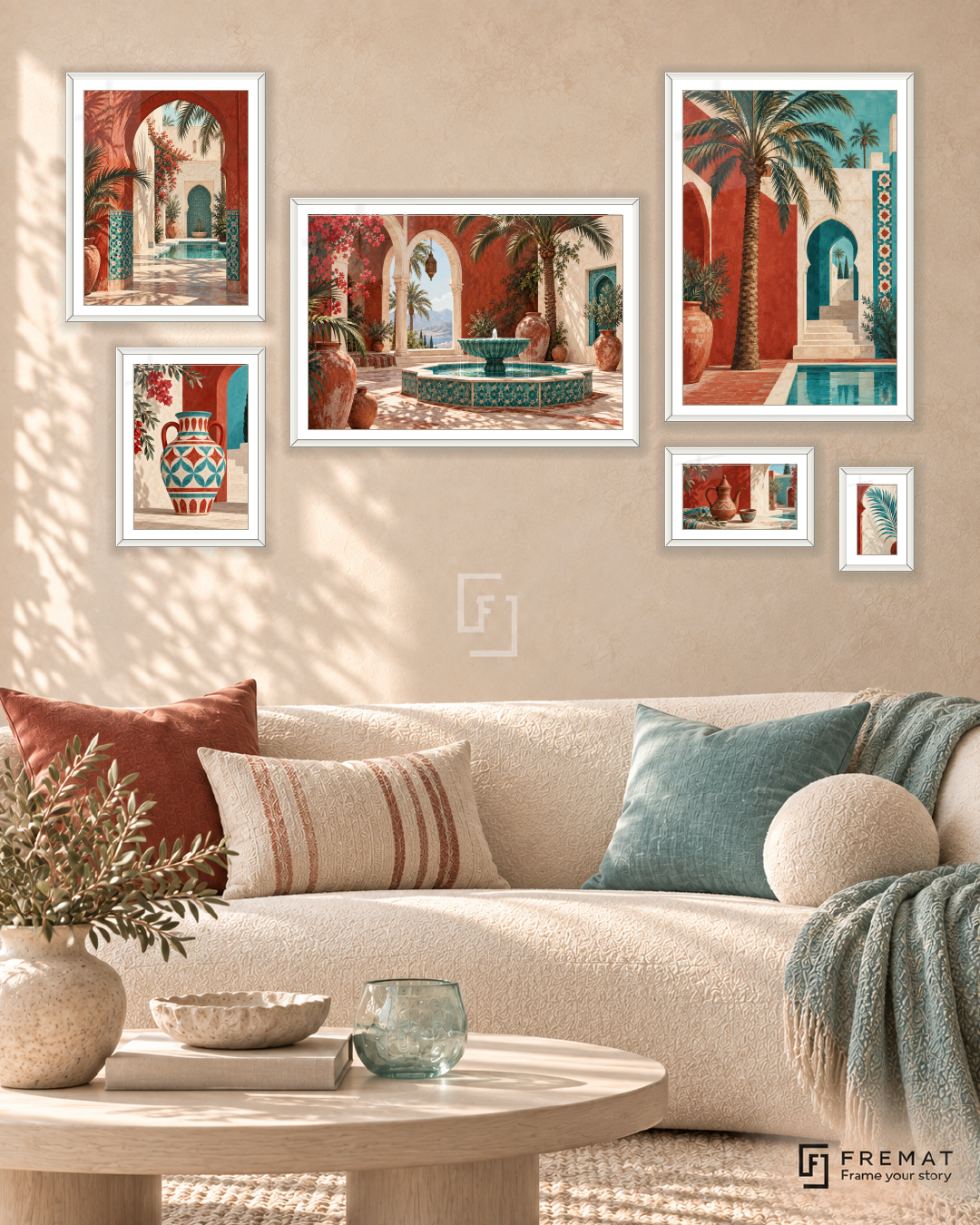 Courtyard Stories Statement gallery wall: 6 framed artworks in White, arranged across 170 × 100 cm.
