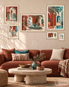 Courtyard Stories Statement gallery wall: 6 framed artworks in Wooden Texture, arranged across 170 × 100 cm.