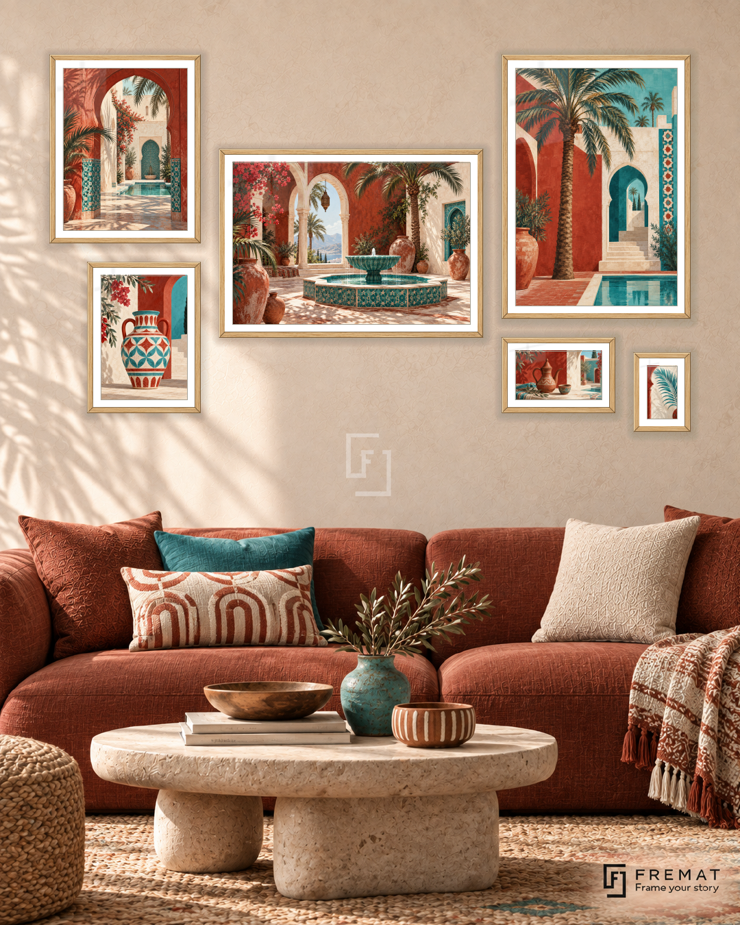 Courtyard Stories Statement gallery wall: 6 framed artworks in Wooden Texture, arranged across 170 × 100 cm.