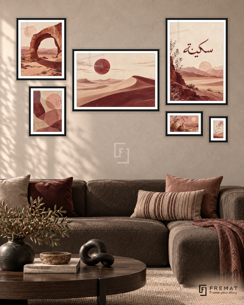 Desert Poetry Statement gallery wall: 6 framed artworks in Black, arranged across 170 × 100 cm.