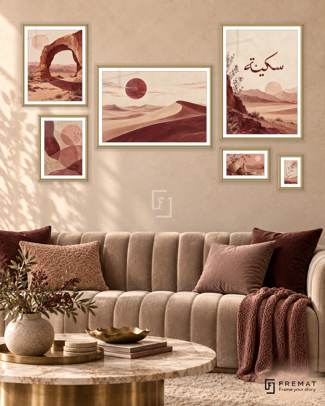 Desert Poetry Statement gallery wall: 6 framed artworks in Gold, arranged across 170 × 100 cm.
